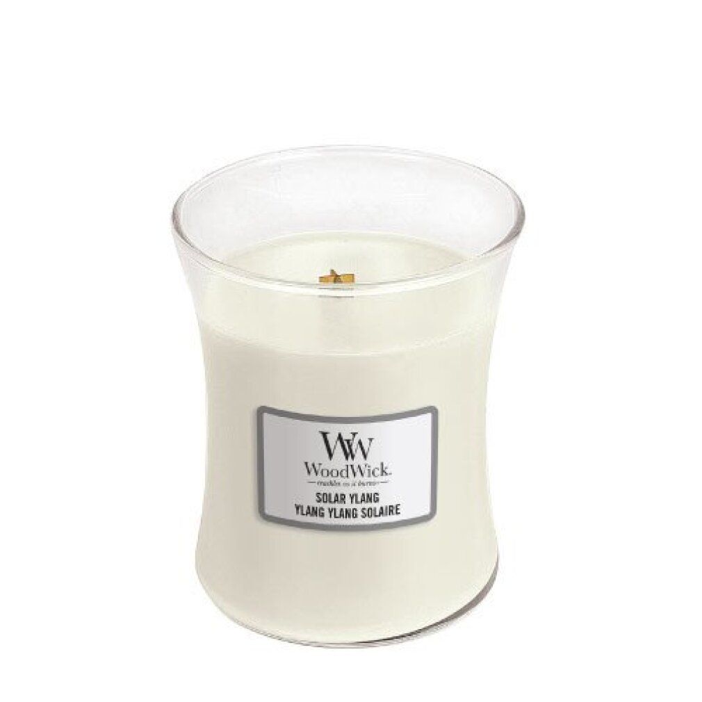 Sanduhrförmige Kerze ohne Deckel. Aufkleber mit "WoodWick" und "Solar Ylang".