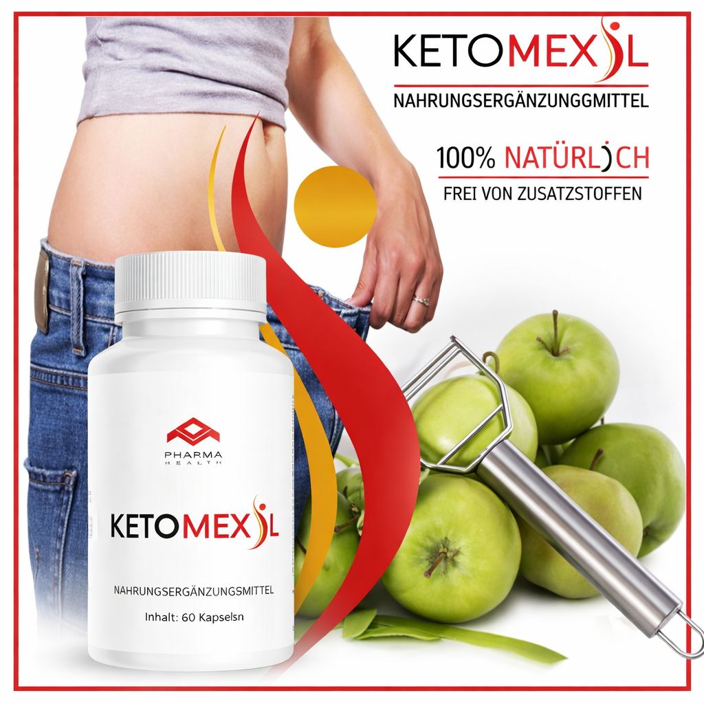 Weiße Kapsel-Dose mit rotem und gelbem Design. Aufschrift: KETOMEXIL, Pharma Health. Inhalt: 60 Kapseln. Hintergrund: Äpfel und Person.