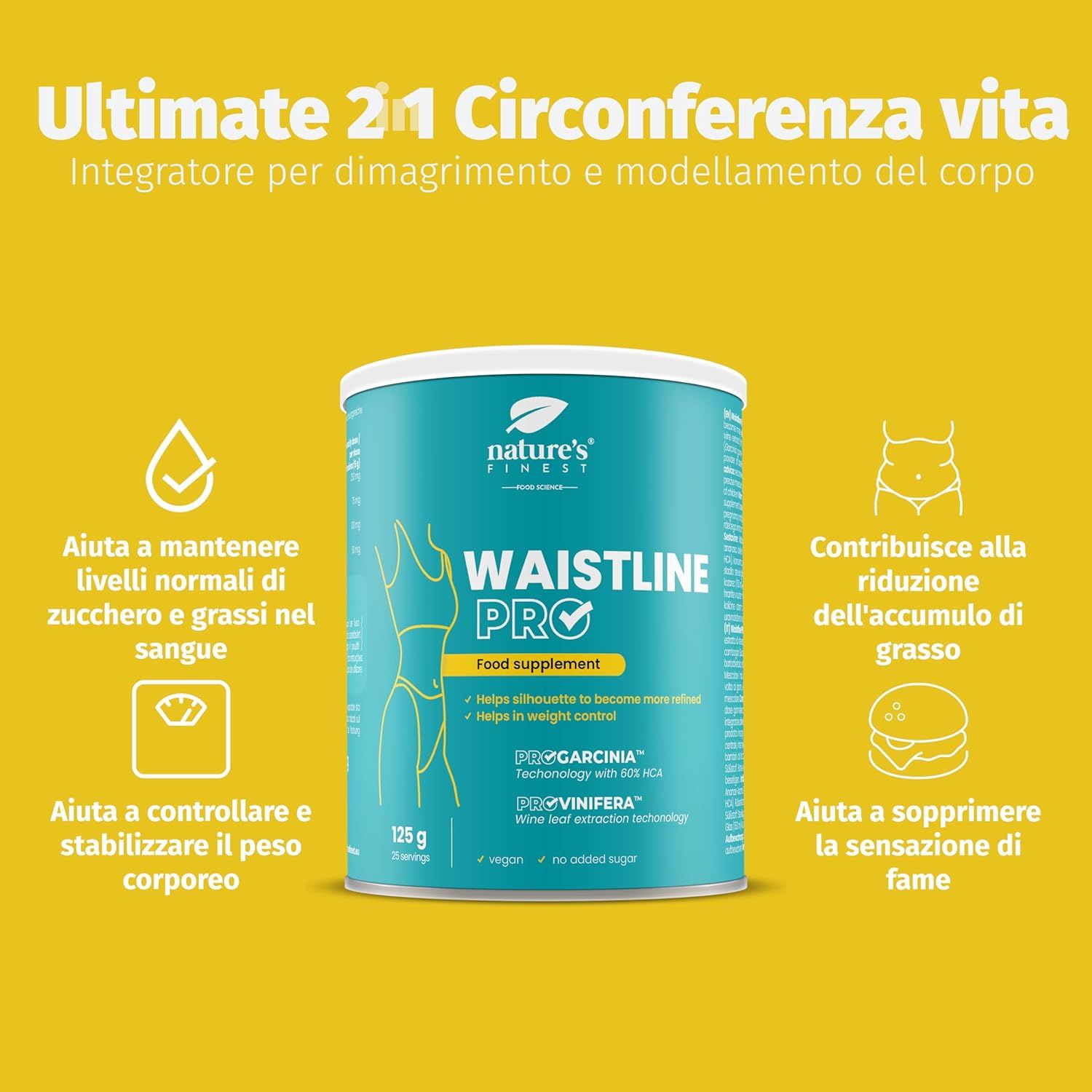 Dose "Waistline Pro" auf gelbem Hintergrund. Text: "Ultimate 2 in 1". Illustrationen und Icons. 125g.