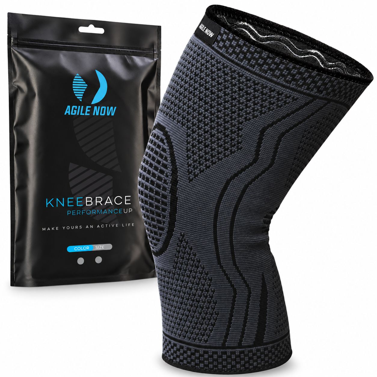 AGILE NOW Kniebandage Performance Up und Verpackung. Kniebandage aus atmungsaktivem, elastischem Material.