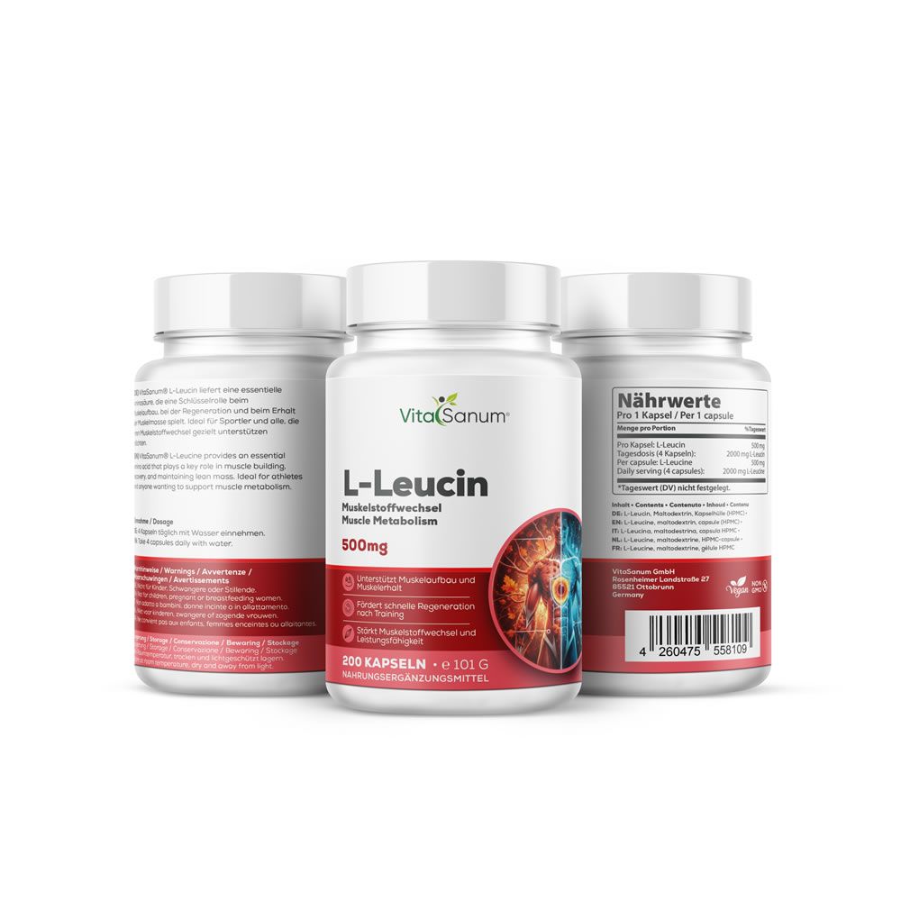 VitaSanum L-Leucin Kapseln, 500mg. Drei Behälter, Nahrungsergänzungsmittel für Muskelstoffwechsel.