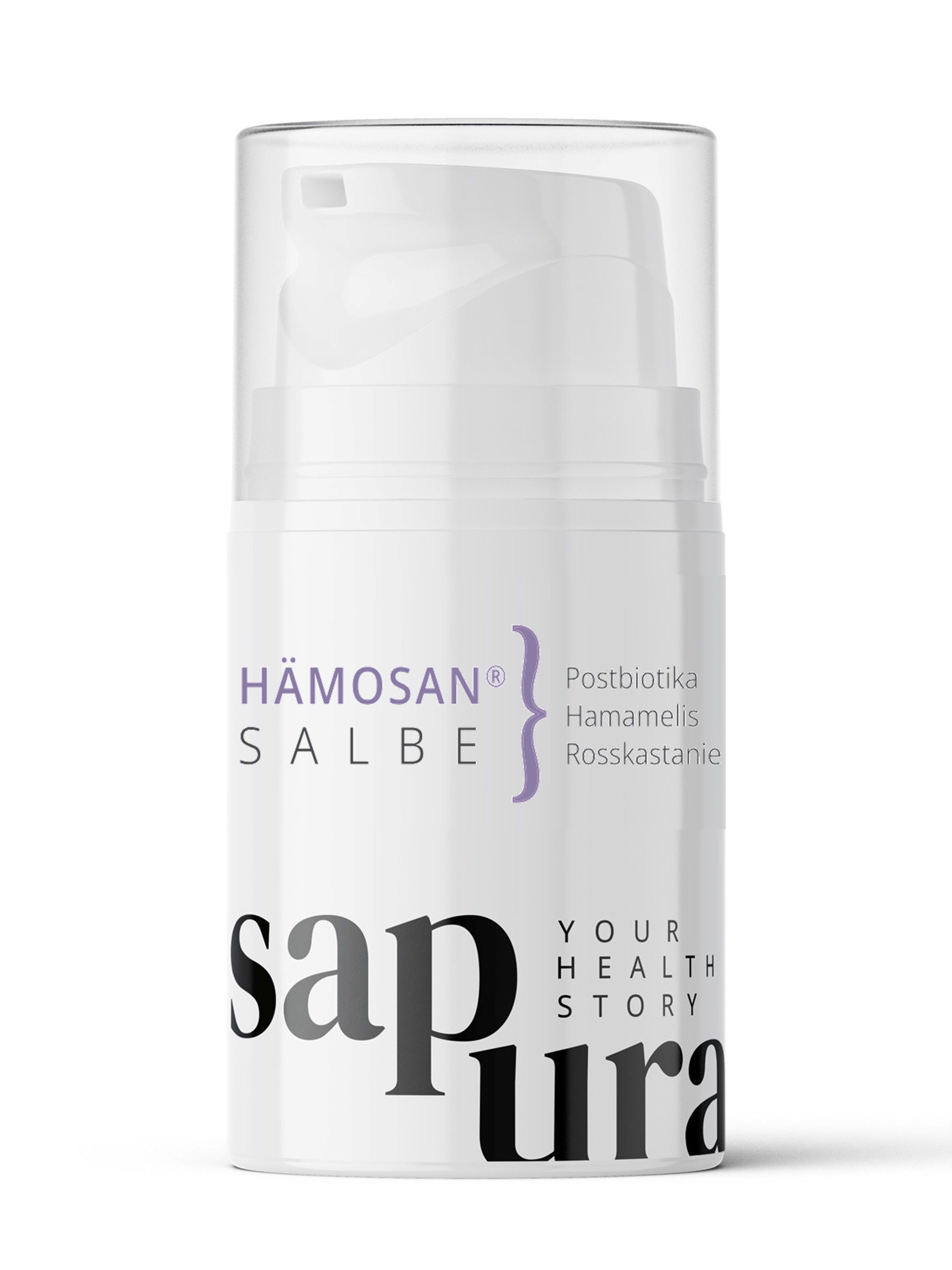 Weißer Spender mit transparentem Deckel. Aufschrift: Hämosa, Salbe, Postbiotika, Hamamelis, Rosskastanie. Marke: Sapura.