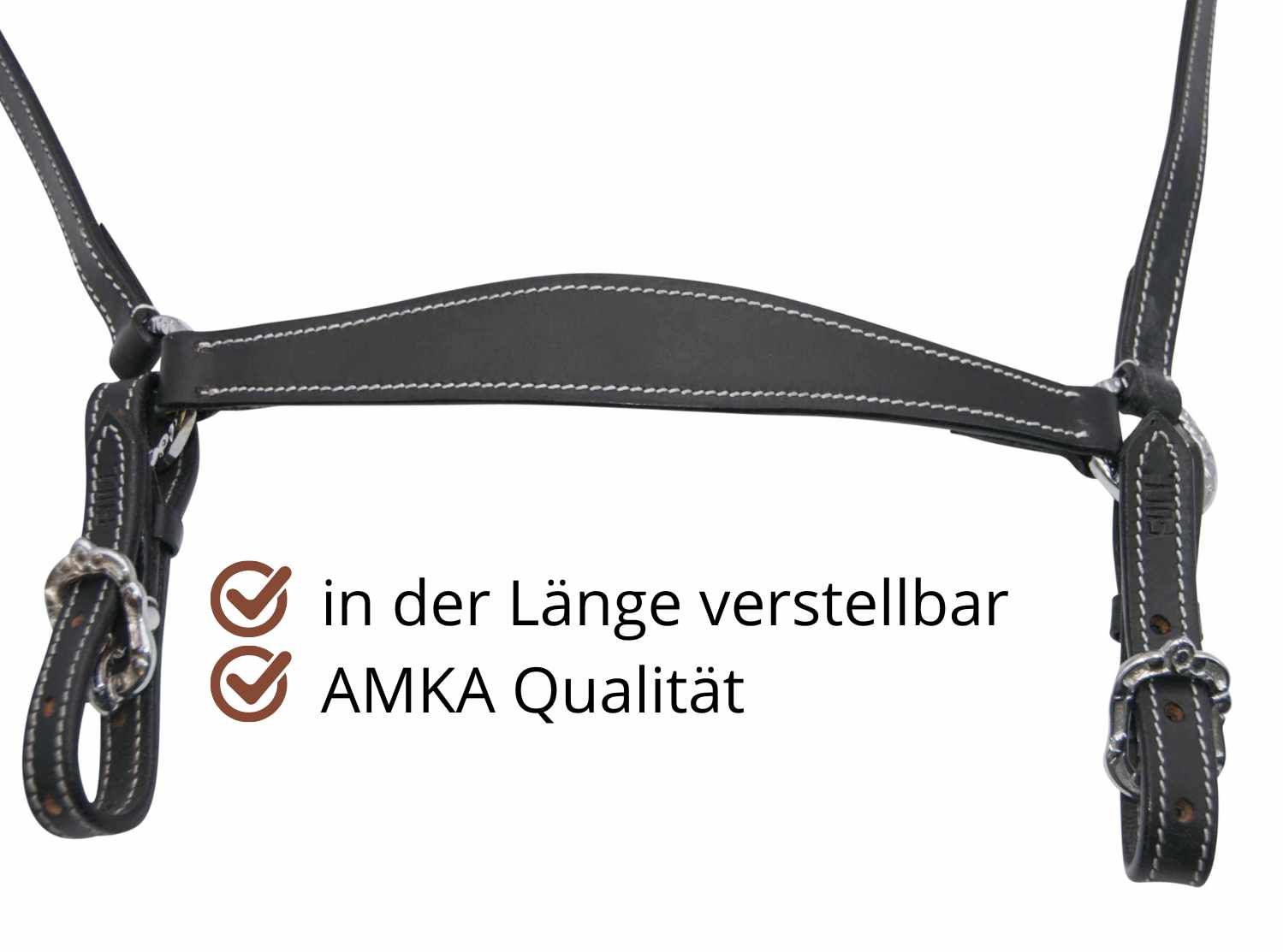 Schwarzes Vorderzeug mit weißen Nähten und silbernen Schnallen. Text: AMKA Qualität, in der Länge verstellbar.