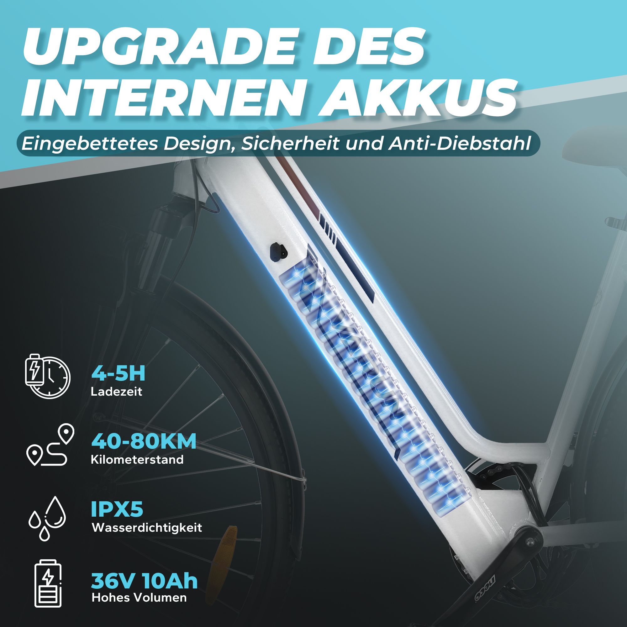 E-Bike-Rahmen mit eingebautem Akku. Text: 4-5H Ladezeit, 40-80KM Reichweite, IPX5 Wasserdichtigkeit, 36V 10Ah.