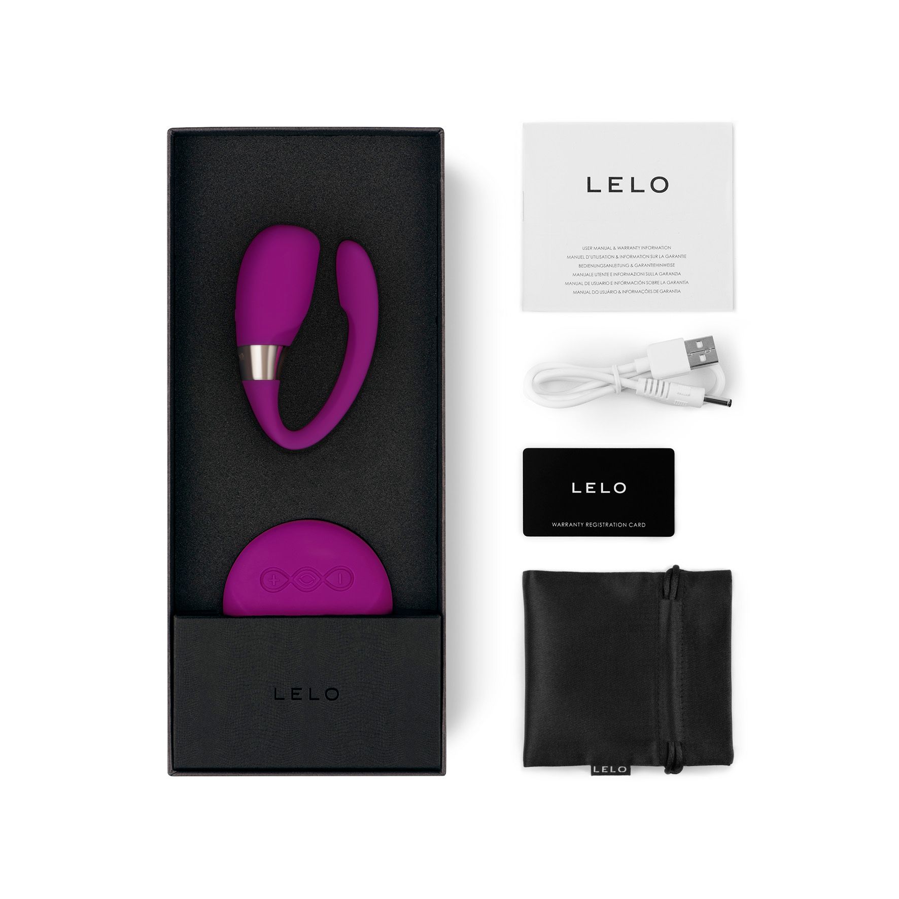 Lila Couples Massager, Fernbedienung, Ladekabel, Tasche und Anleitung in Verpackung.