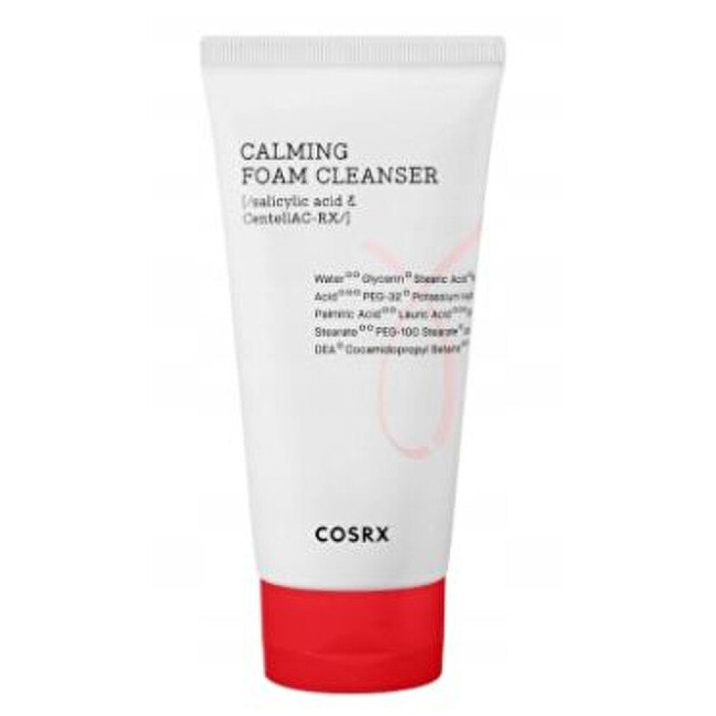 Weißer Tubenbehälter mit rotem Boden. Aufschrift: CALMING FOAM CLEANSER, Inhaltsstoffe. Marke: COSRX.