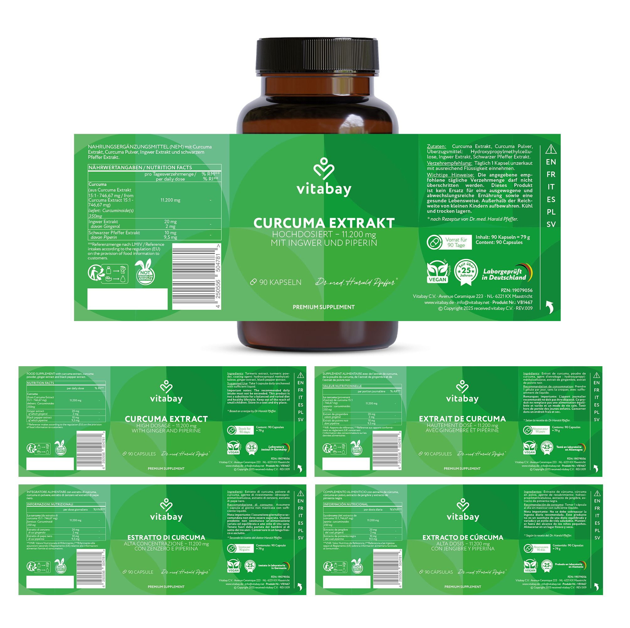 Produktflasche mit Etikett. Mehrere Etiketten mit Produktinformationen in verschiedenen Sprachen.