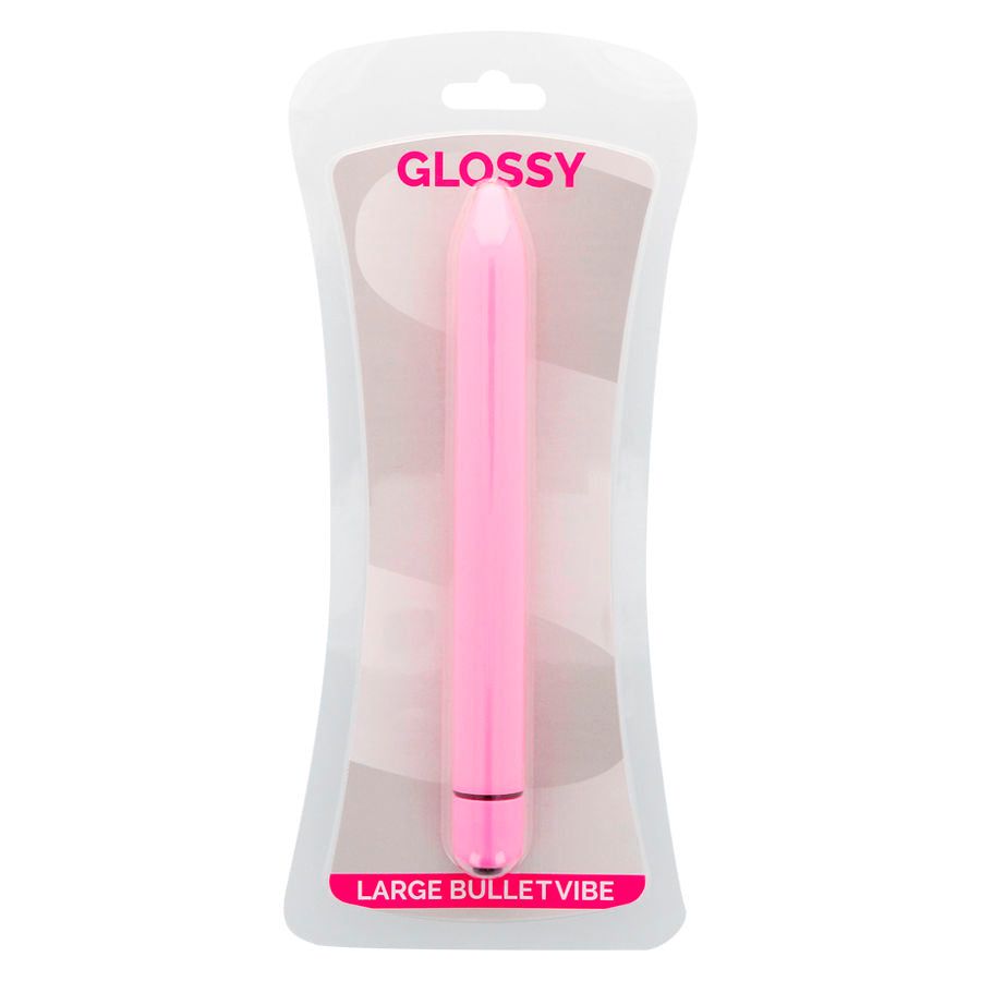 Rosa Vibrator in Blisterverpackung. Aufschrift "GLOSSY" und "LARGE BULLETVIBE".