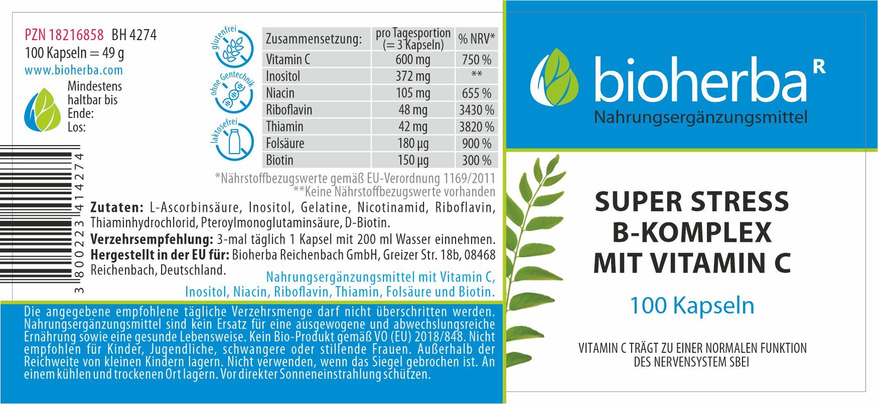 Bioherba Super Stress B-Komplex Mit Vitamin C, 100 Kapseln. Produktetikett mit Inhaltsstoffen und Nährwertangaben.