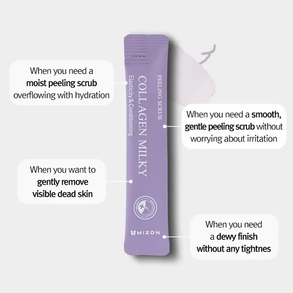Lila Beutel mit Text: COLLAGEN MILKY, PEELING SCRUB, MIZON. Textblasen beschreiben Eigenschaften des Produkts.