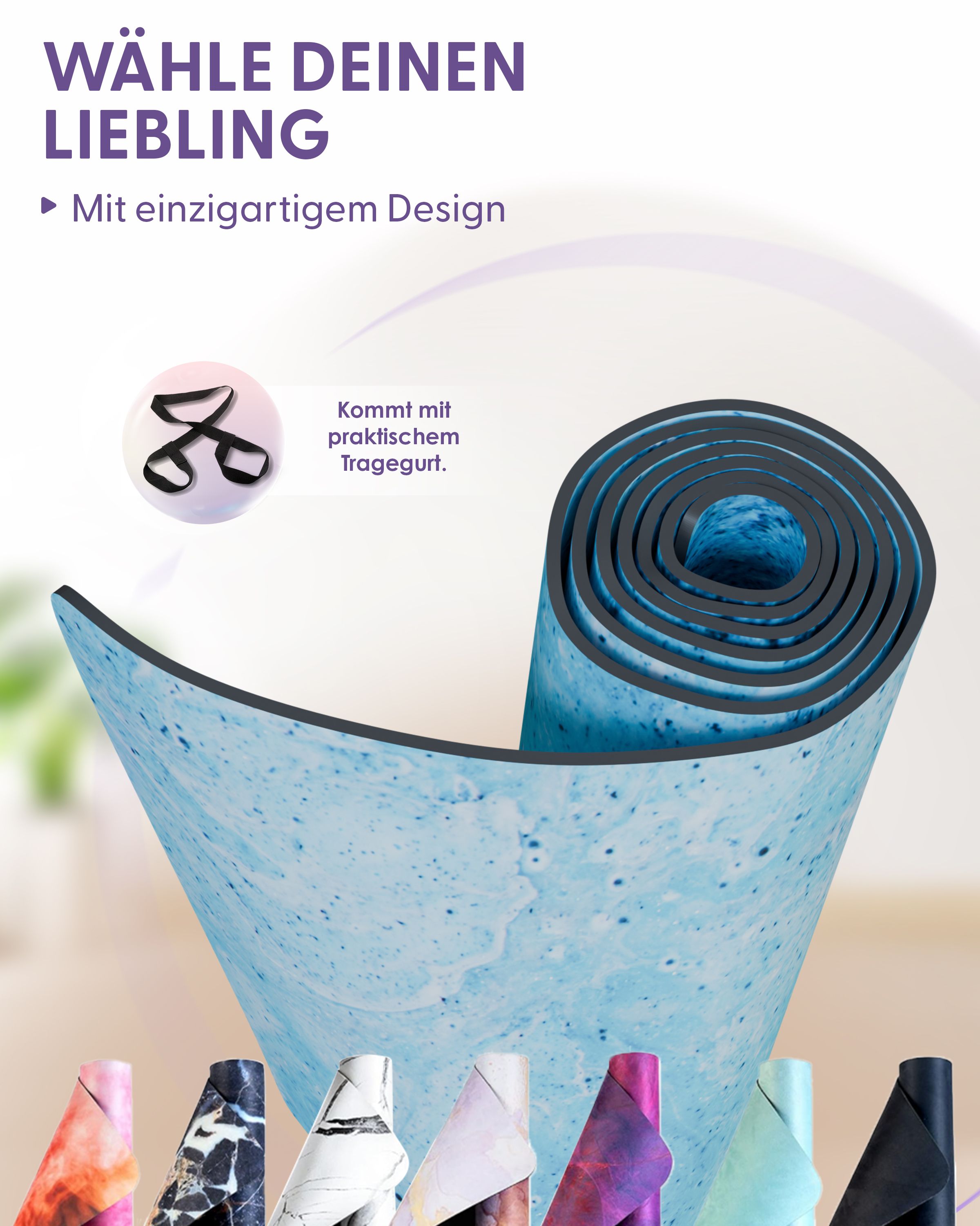 Gerollte Yogamatte mit blauem Marmormuster. Schwarzer Tragegurt. Text: Wähle deinen Liebling. Mit einzigartigem Design.