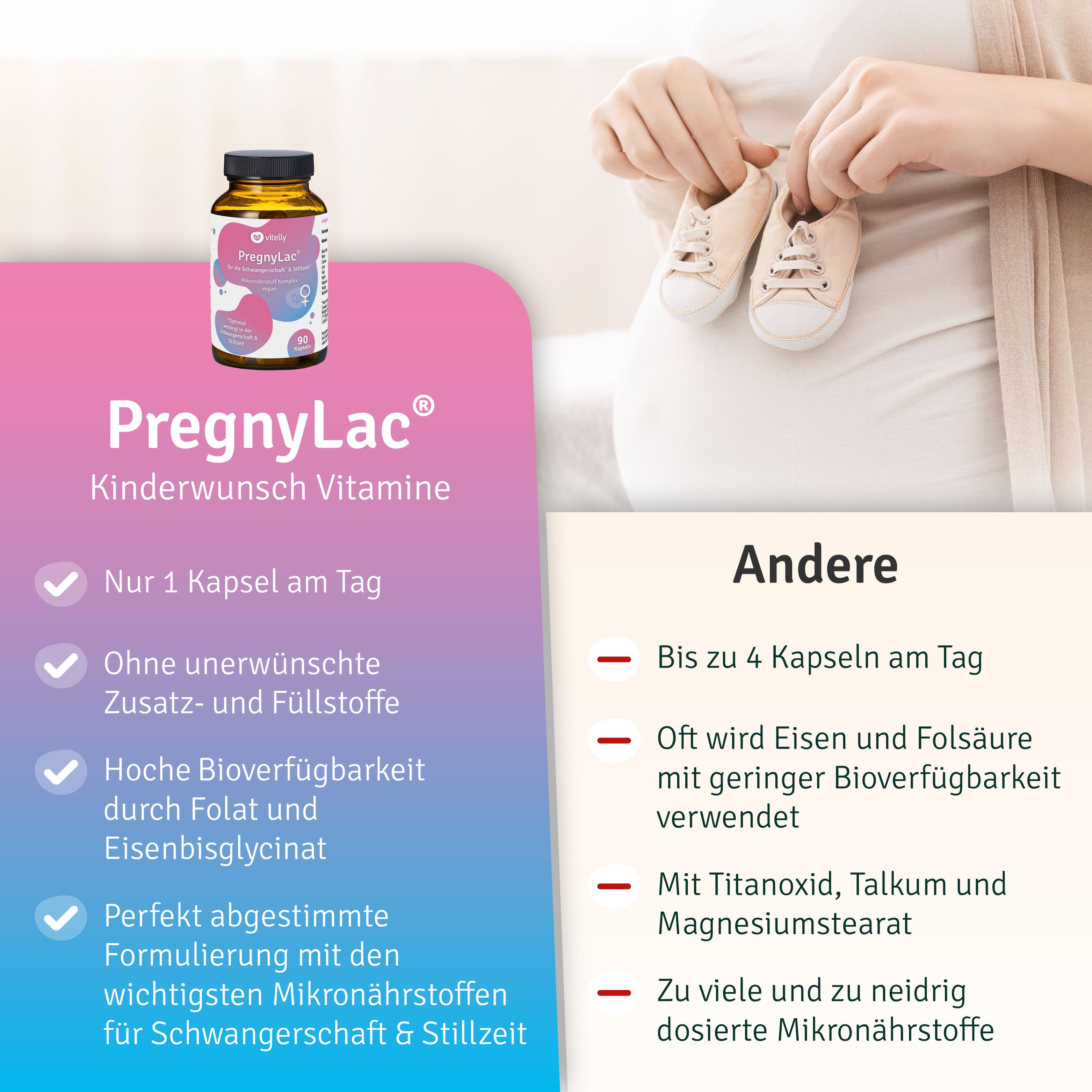 Produktflasche PregnyLac neben Baby-Schuhen. Text: Kinderwunsch Vitamine. Vorteile: 1 Kapsel/Tag, ohne Zusatzstoffe, hohe Bioverfügbarkeit.