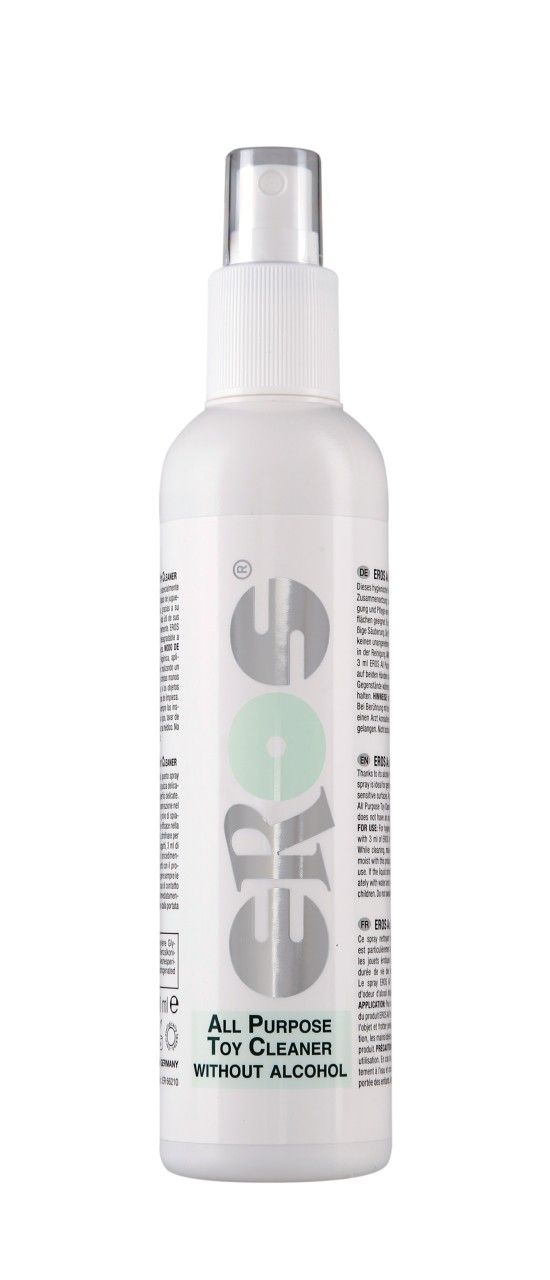 Weiße Sprühflasche mit silbernem und grünem Logo. Aufschrift: ALL PURPOSE TOY CLEANER WITHOUT ALCOHOL.