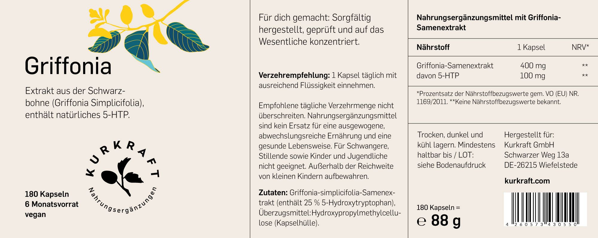 Produktetikett. Text: Griffonia, Extrakt aus der Schwarzbohne, 180 Kapseln, vegan. Nährwertangaben. Logo: Kurkraft.