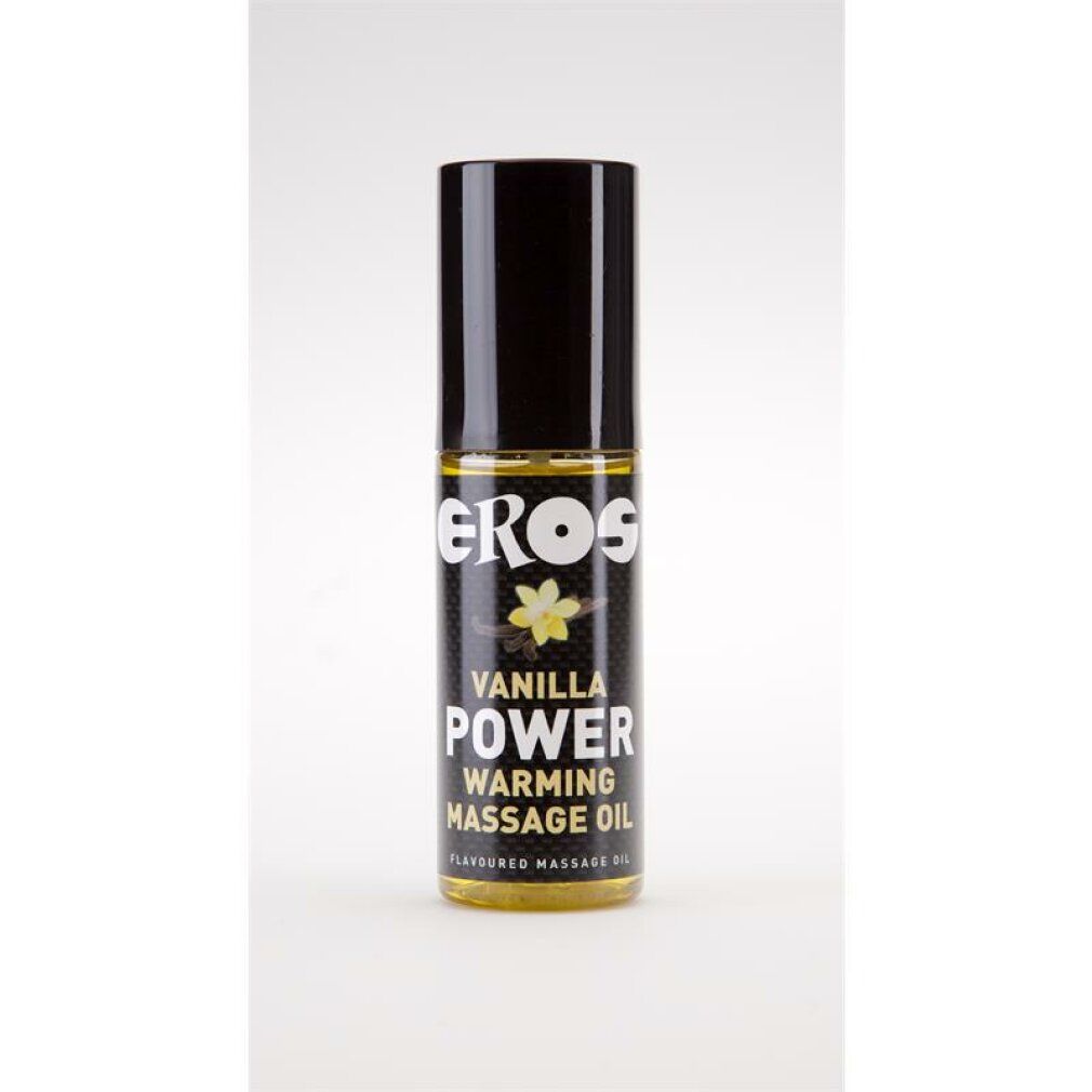 Zylindrische Flasche mit schwarzem Deckel. Aufschrift: EROS, VANILLA POWER, WARMING MASSAGE OIL. Gelbe Flüssigkeit sichtbar.