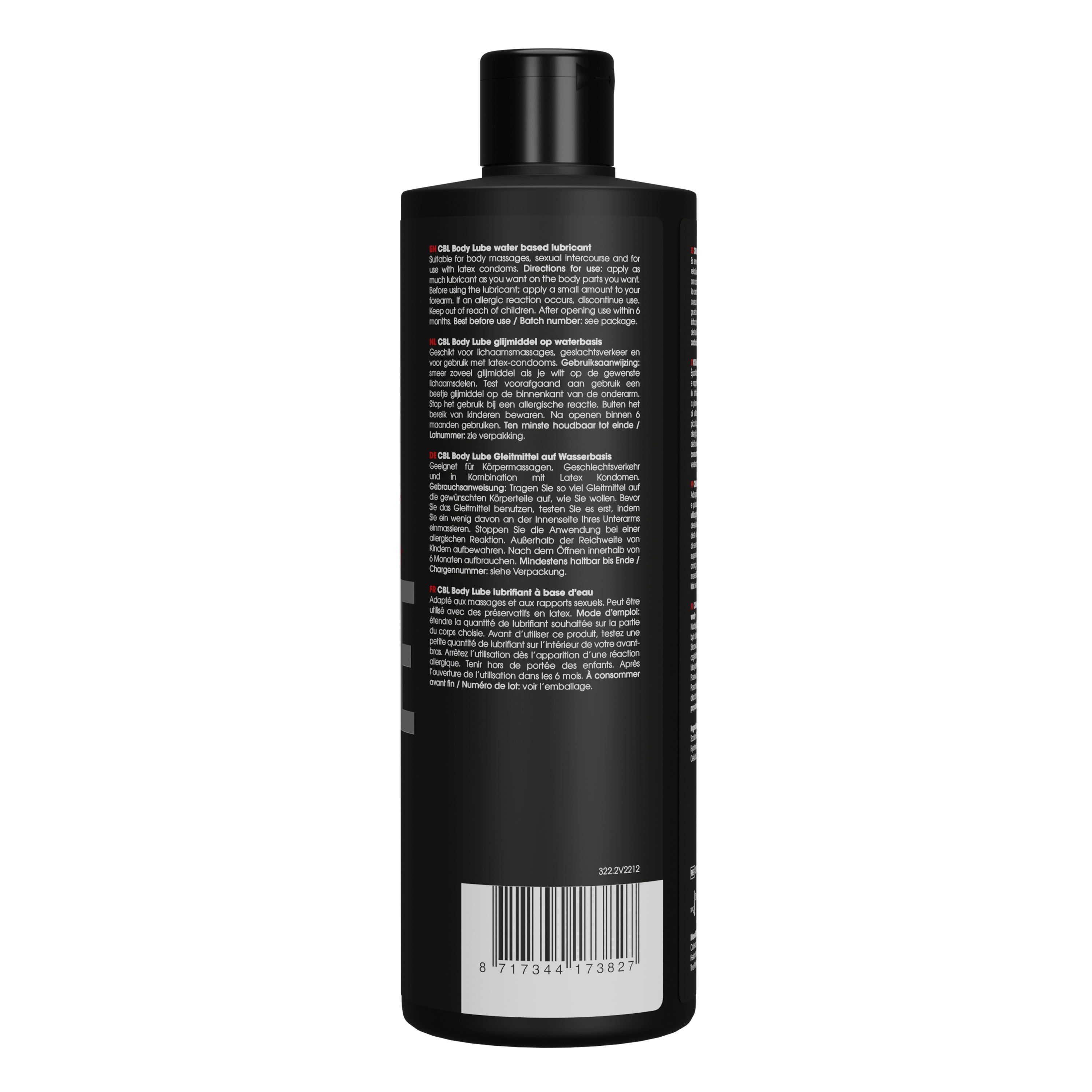 Rückseite einer schwarzen Flasche. Text in mehreren Sprachen. Barcode unten. "Cobeco Bodylube" ist ebenfalls zu sehen.