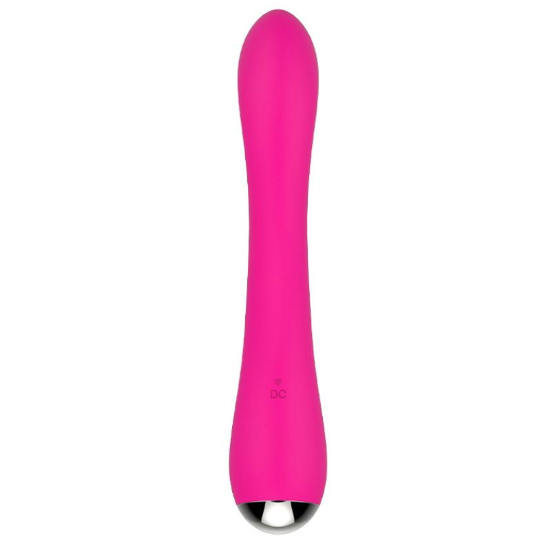 Pinkfarbener Vibrator mit Heizfunktion. Schlanke Form mit Metallspitze. DC-Zeichen.