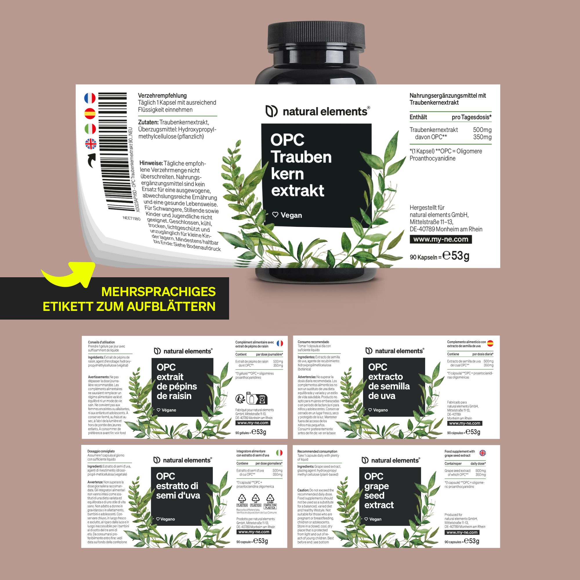 Flasche mit Etikett zum Aufklappen. Mehrsprachige Informationen. OPC Traubenkernextrakt. Etiketten in verschiedenen Sprachen.