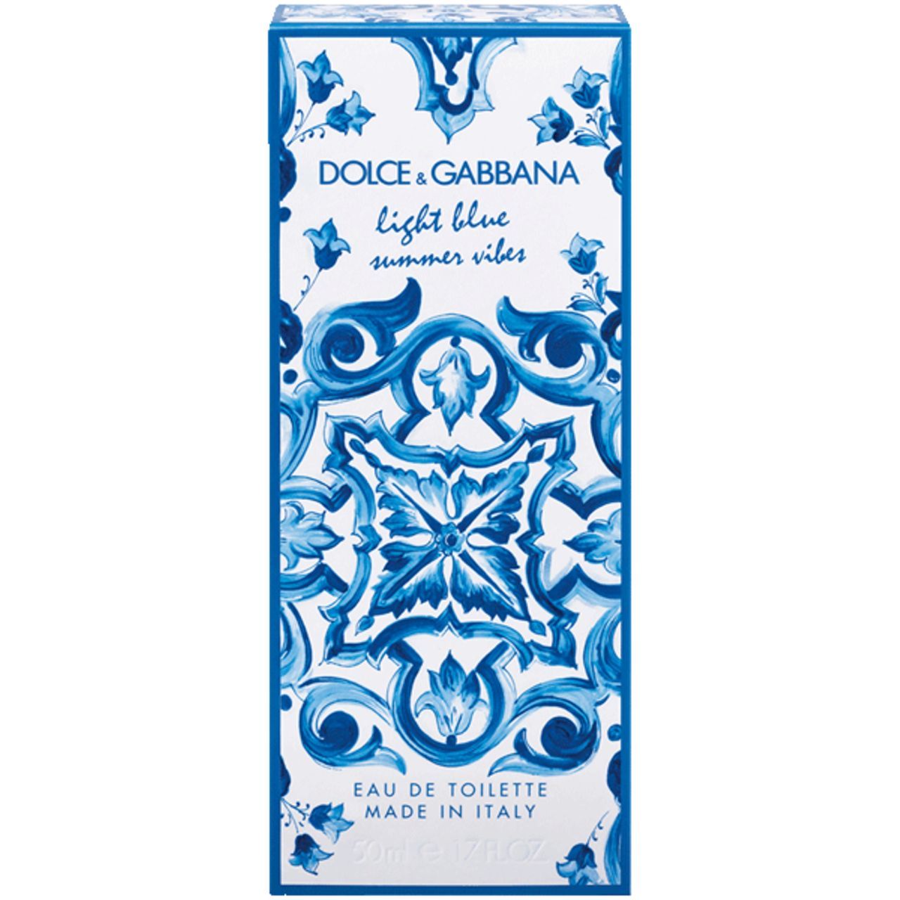 Parfumverpackung. Weiß-blaues Muster. Aufschrift: Dolce & Gabbana Light Blue Summer Vibes. Eau de Toilette. Made in Italy.
