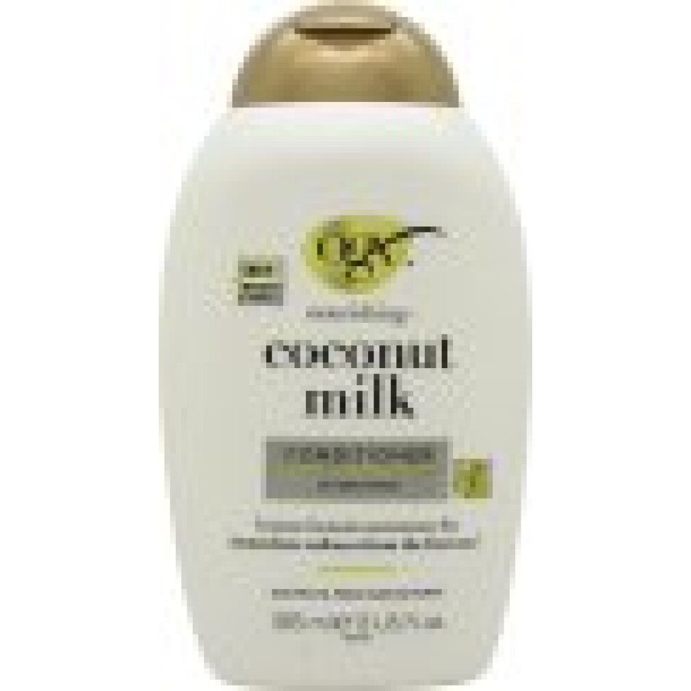 Weiße Flasche OGX Coconut Milk Conditioner mit goldenem Verschluss und Text zu Feuchtigkeit und Weichheit.