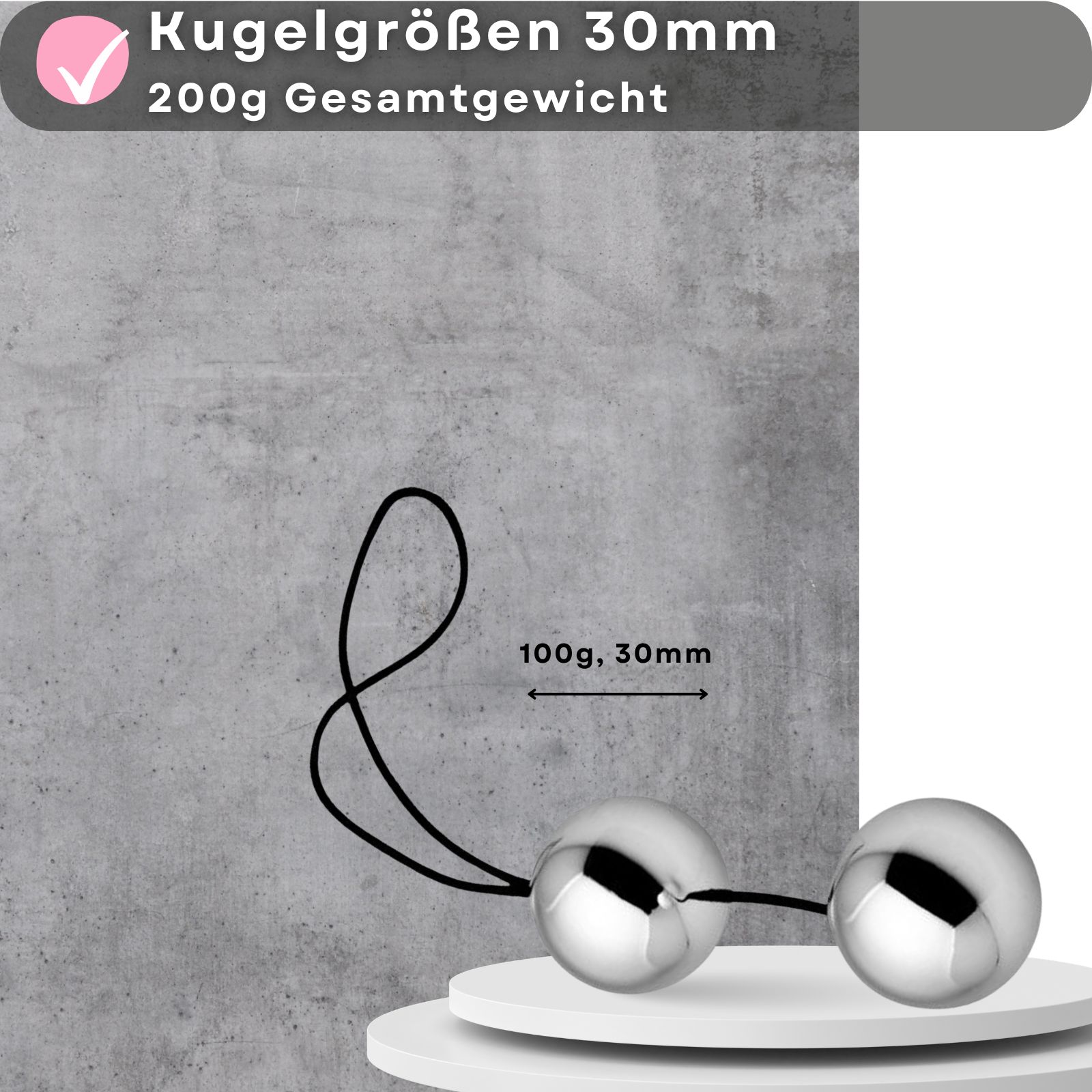 Zwei polierte Stahlkugeln mit Sicherheitsband, 30mm Durchmesser, 200g Gesamtgewicht.