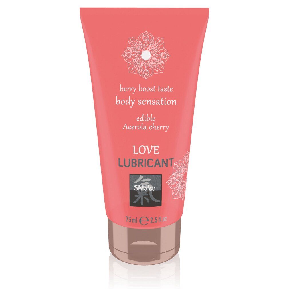 Rosa Tube mit weißer Schrift. Text: berry boost taste, body sensation, edible, Acerola cherry, LOVE LUBRICANT. Shiatsu Logo.