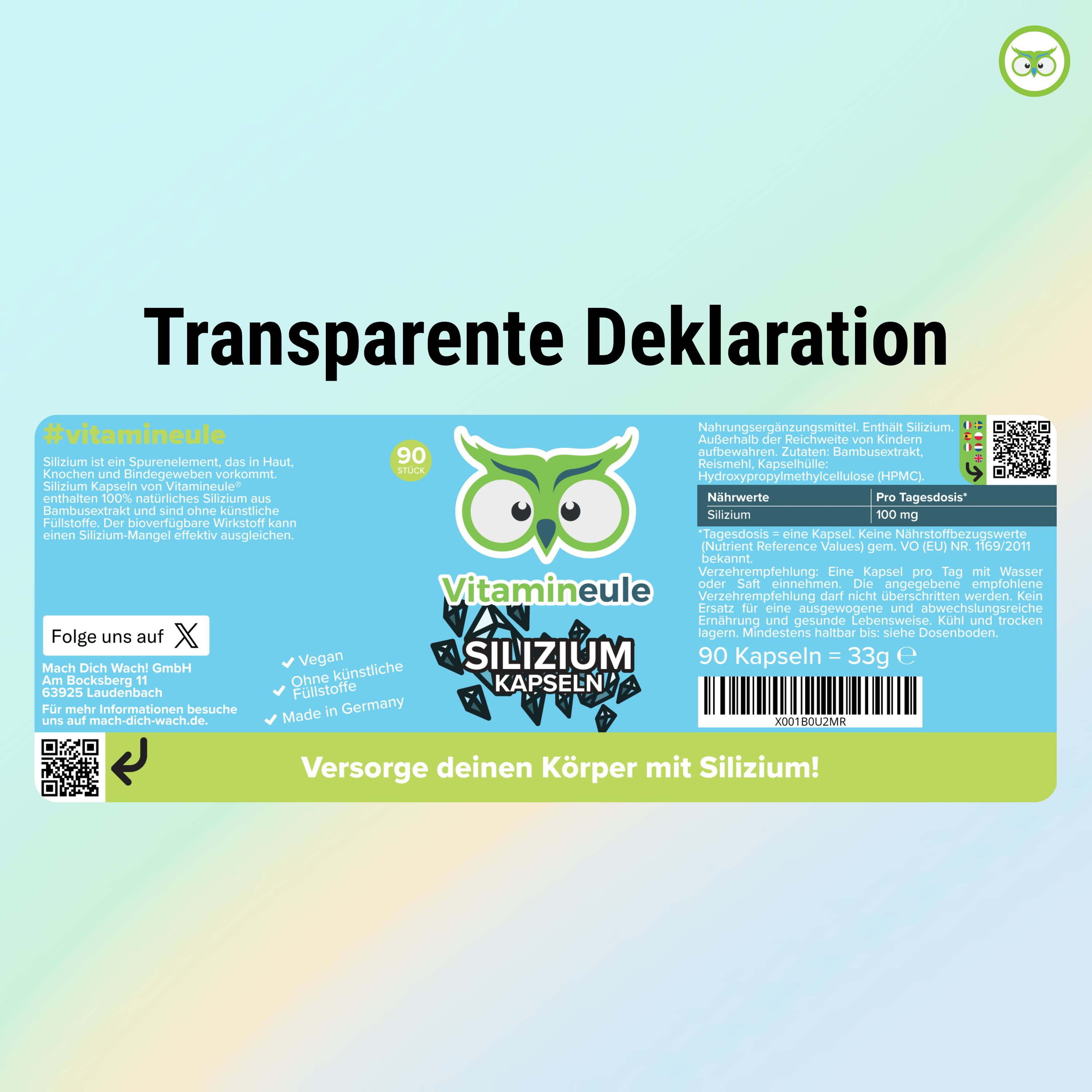 Etikett: Transparente Deklaration. Vitamineule Silizium Kapseln. 90 Kapseln. Nährwerte. Vegan, tierversuchsfrei, Made in Germany. QR-Code.