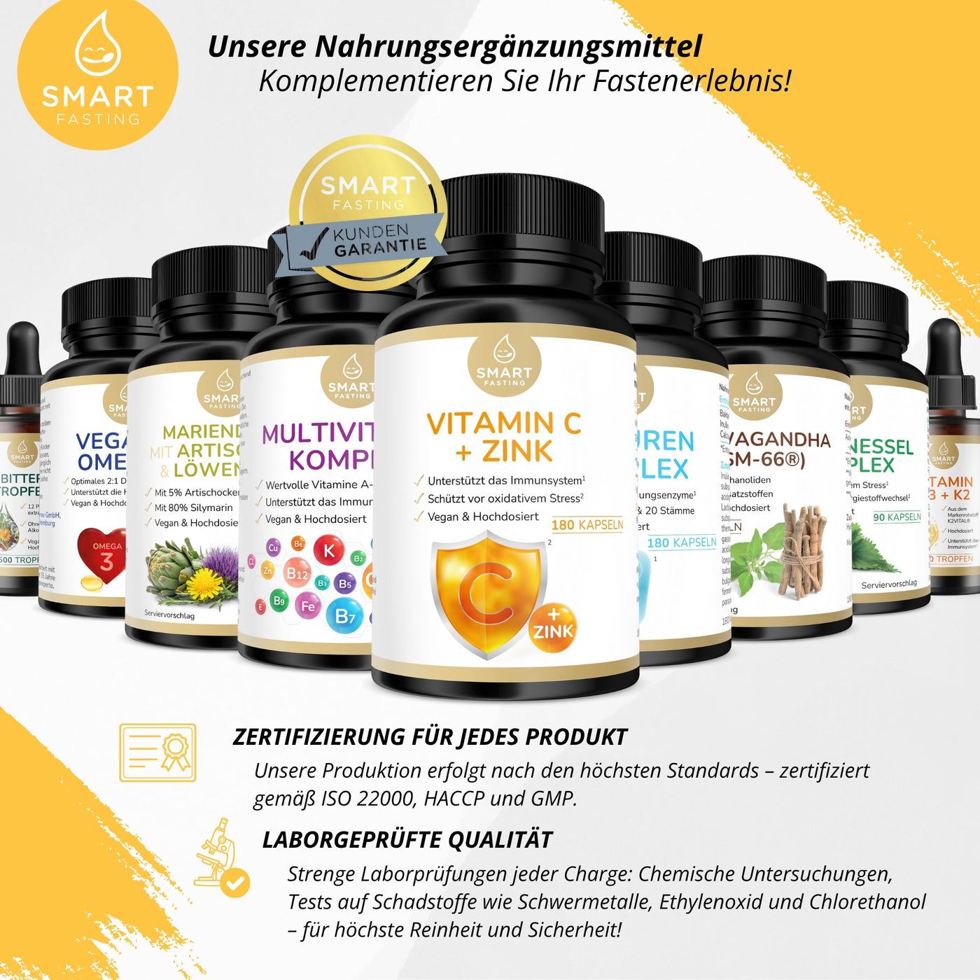 Mehrere braune Flaschen mit schwarzen Deckeln. Aufschrift: Vitamin C + Zink und andere. Zertifizierungen.