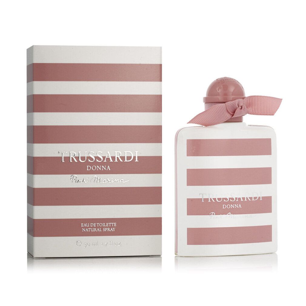 Rosa gestreifte Flasche und Verpackung. Schriftzug: Trussardi Donna Pink Marina. Mit rosa Schleife.