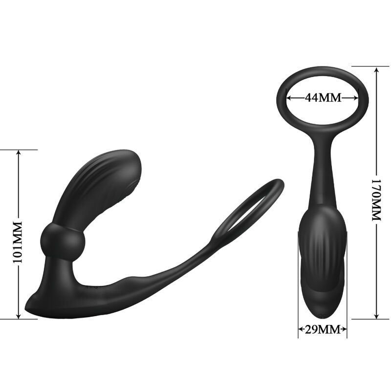 Schwarzer Analring-Vibrator, Seitenansicht, mit gerilltem Ende und abgerundetem Stiel.