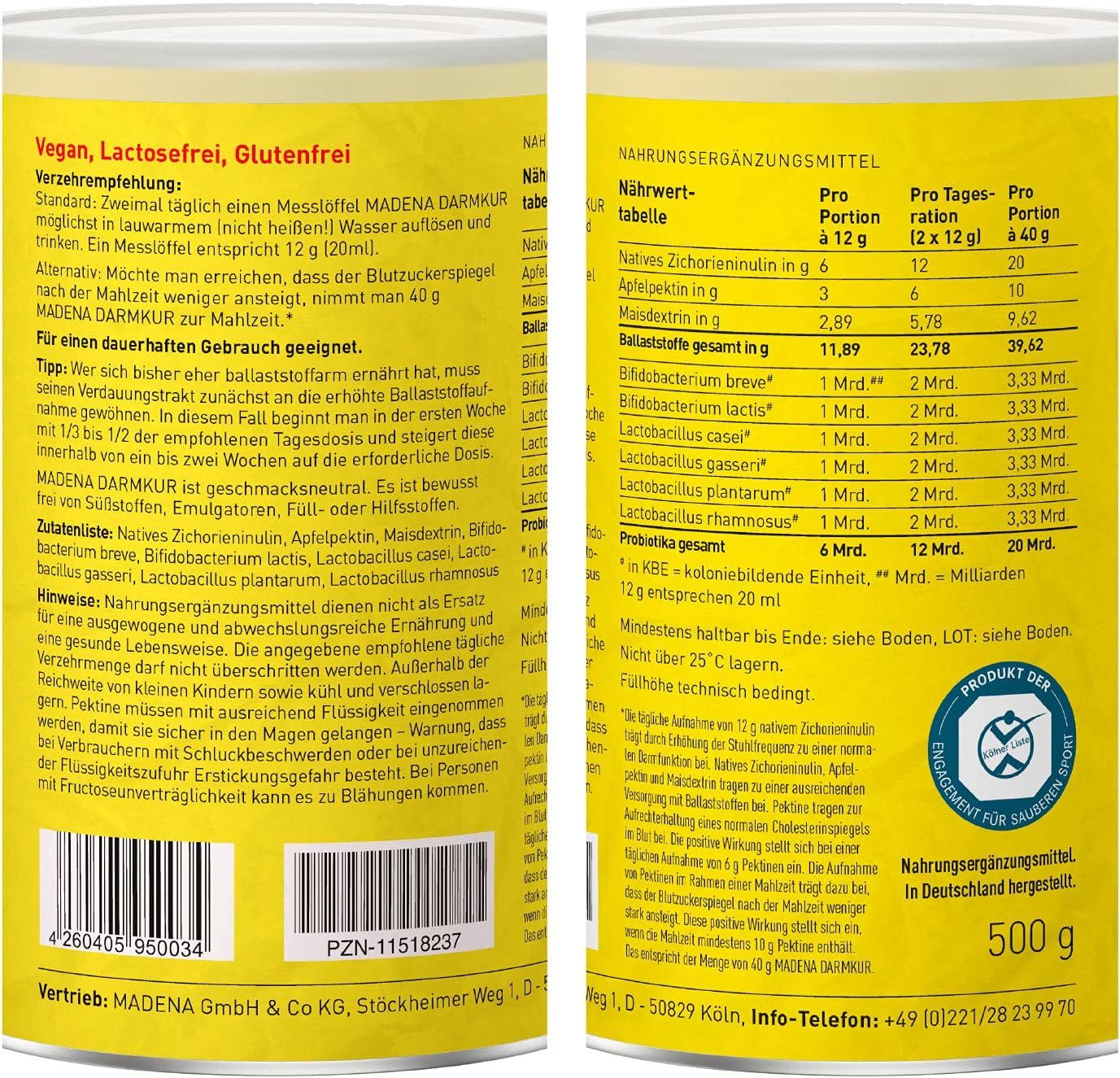 Gelbe Dose MADENA Darmkur, Rückseite mit Text in deutscher Sprache. Enthält Nährwertangaben, Inhaltsstoffe und Verzehrempfehlung. 500g.