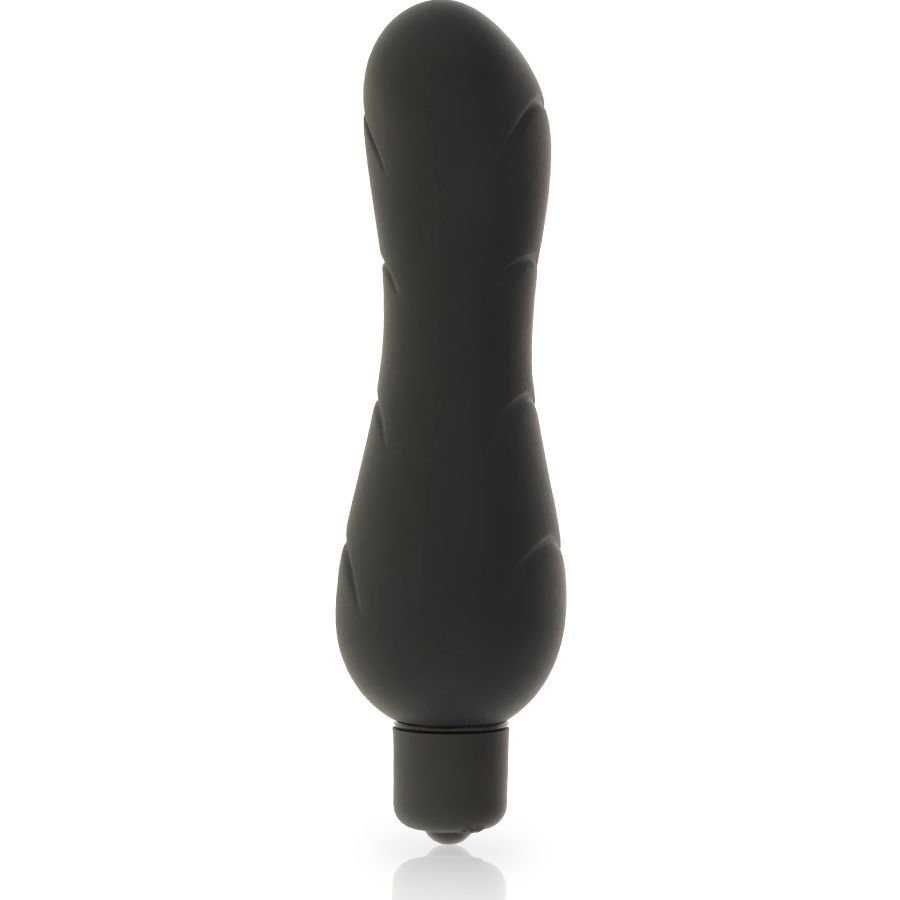 Schwarzer Vibrator aus Silikon. Zylindrischer Griff, abgerundete Spitze. Geformte Oberfläche.