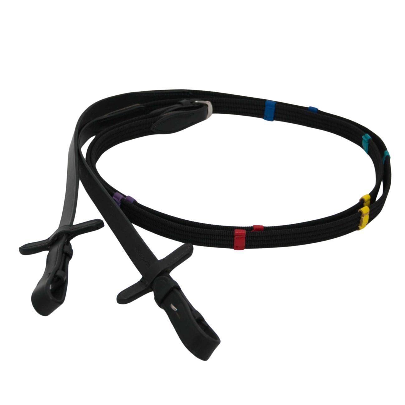 Schwarze Reitlehrzügel mit farbigen Markierungen. Zwei Zügel mit Stegen und farbigen Ringen.