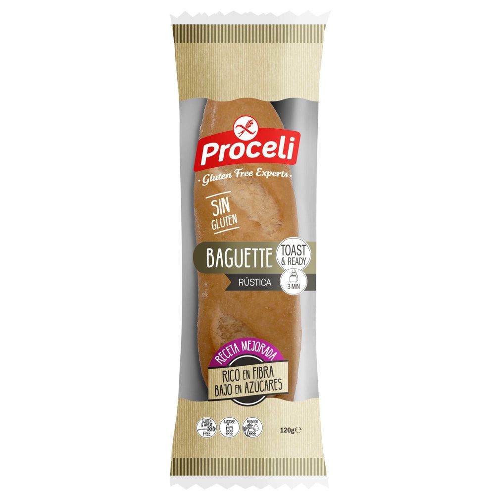 Proceli Baguette Rustica glutenfrei in transparenter Verpackung. Aufdrucke: "Sin Gluten", "Baguette Rústica", "Rico en fibra bajo en azúcares".