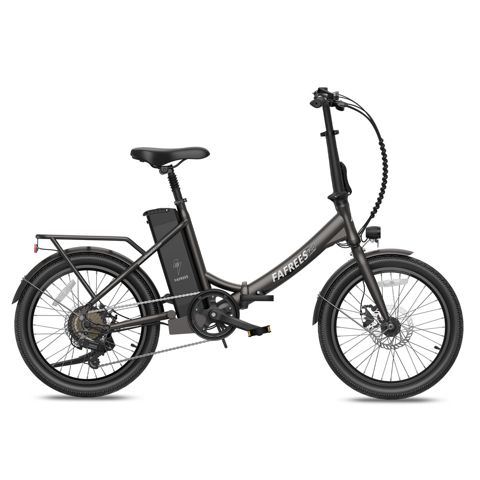 Fafrees F20 E-Bike, anthrazitfarben. Seitenansicht. Mit Gepäckträger, Schutzblechen und Akku. Marke und Modellbezeichnung.