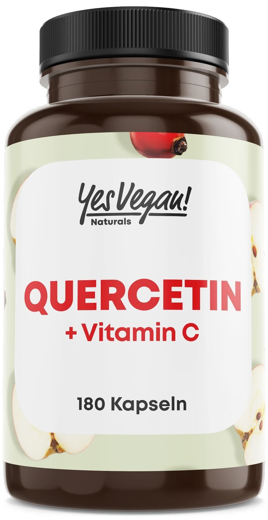 Braune Flasche mit Kapseln. Aufschrift: Quercetin + Vitamin C. 180 Kapseln. Marke: YesVegan! Naturals.
