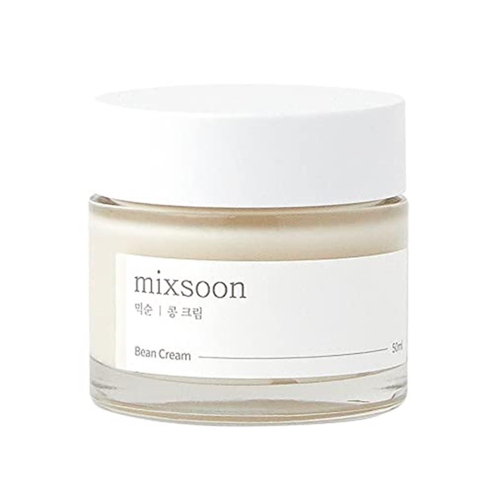 Glasbehälter mit weißem Deckel. Aufschrift "mixsoon" und "Bean Cream".