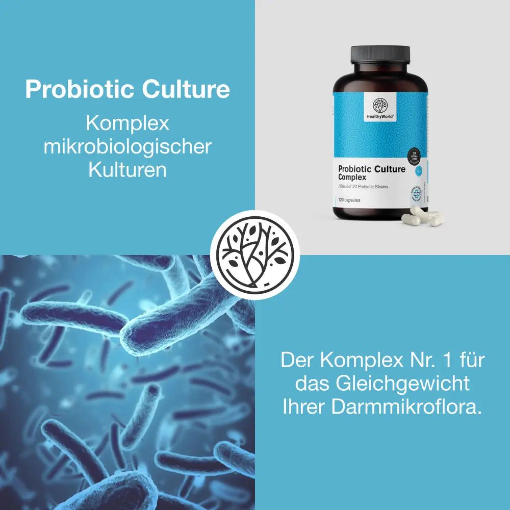 Blauer Hintergrund mit Flasche und Kapseln. Aufschrift: Probiotic Culture Complex. Mikrobiologische Kulturen.