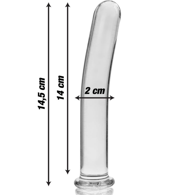 Borosilikatglas-Dildo, Modell 8, mit Maßen: 14,5 cm Länge, 2 cm Breite.