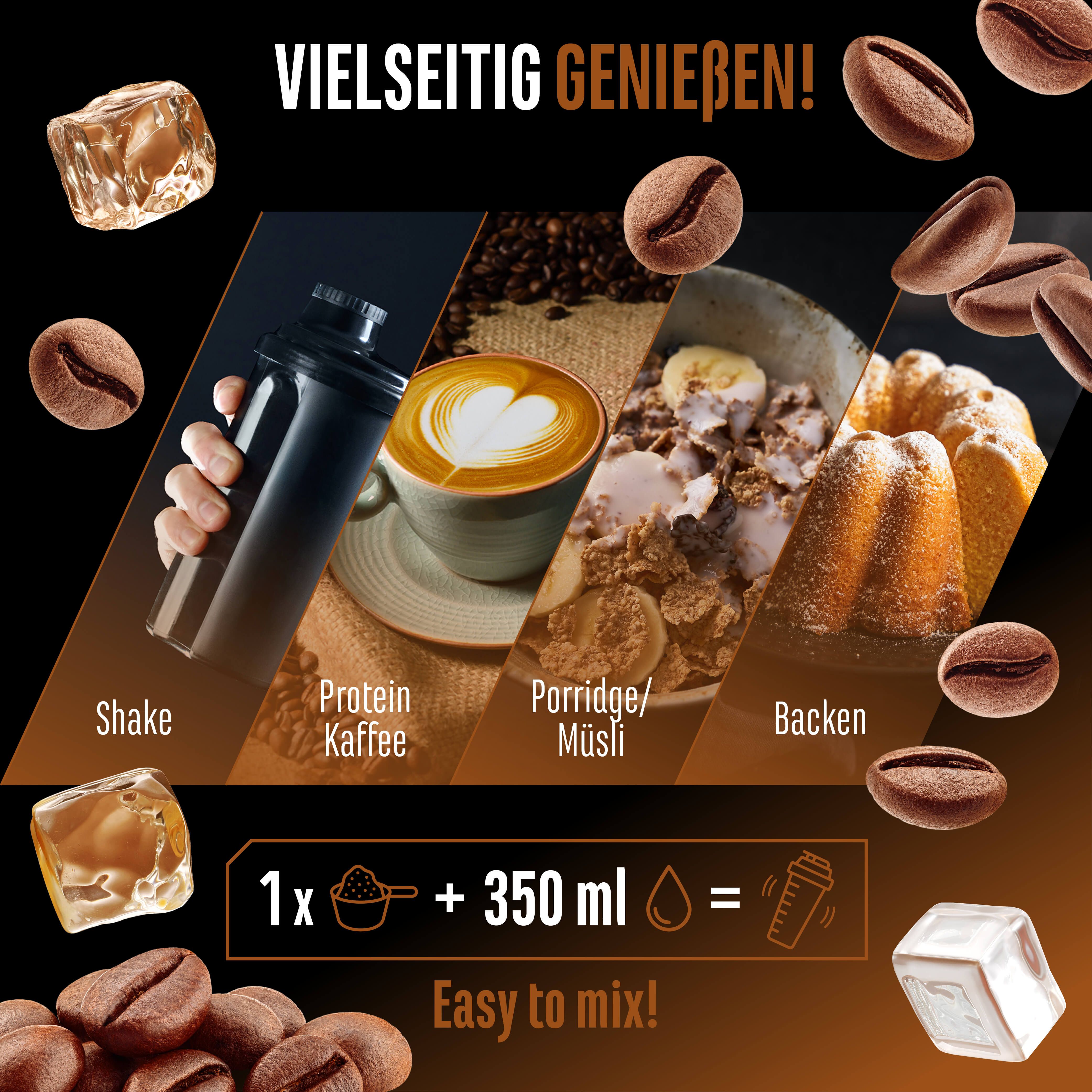 Bild zeigt verschiedene Zubereitungsarten von GEN Wheypresso Protein Kaffee: Shake, Kaffee, Porridge/Müsli, Backen. Mit Kaffeebohnen und Eiswürfeln.