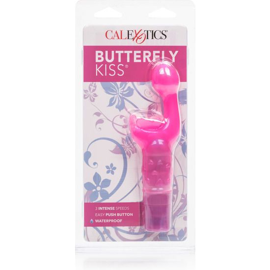 Rosa Vibrator in Blisterverpackung. Auf der Verpackung steht 'CALEXOTICS' und 'BUTTERFLY KISS'.