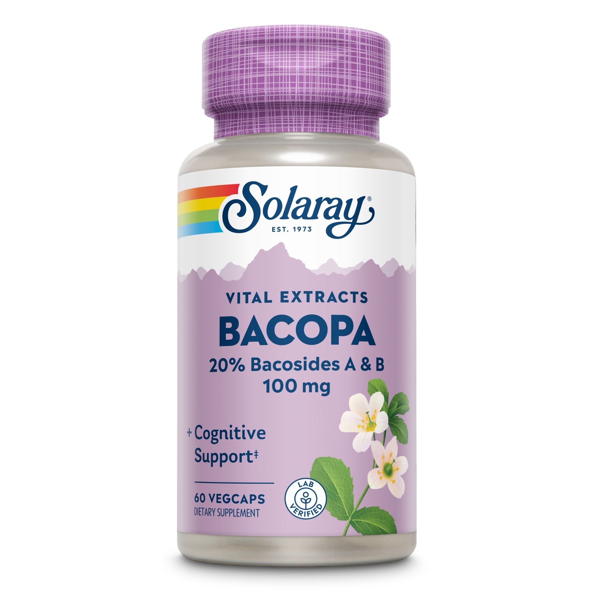 Solaray Bacopa Extrakt-Kapseln. Lila Deckel, weißes Etikett. 60 Vegicaps. 20% Bacosides A & B, 100 mg. + Cognitive Support. Lab Certified.