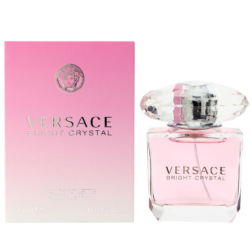 Rosa Flakon mit Kristallverschluss und Verpackung. Aufschrift: Versace Bright Crystal. 30 ml.