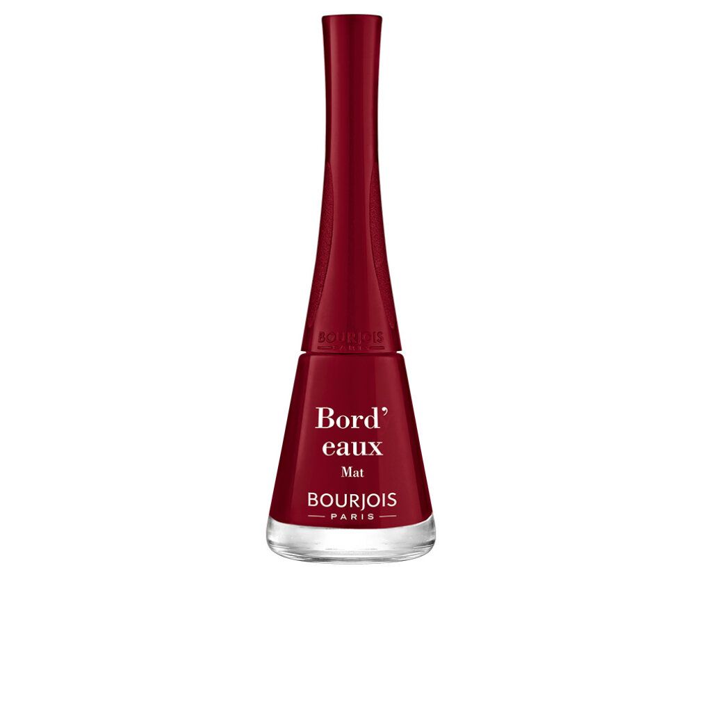 Nagellackflasche, bordeauxrot, mit schwarzem Deckel. Aufschrift: Bord'eaux Mat, Bourjois Paris.