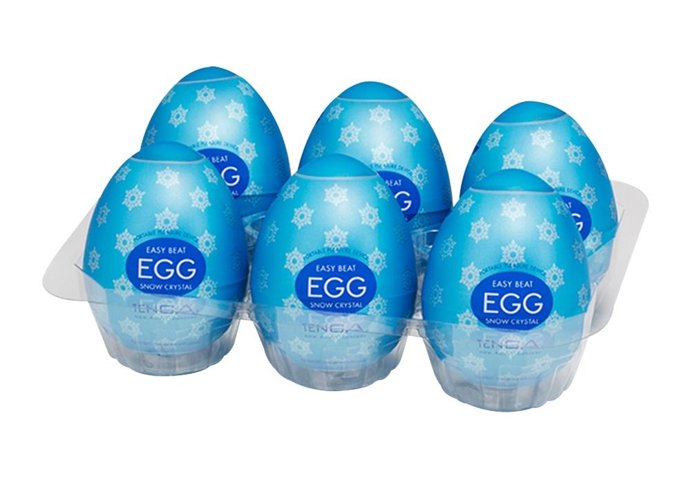 Sechs blaue, eiförmige Produkte in einer transparenten Verpackung. Aufschrift: "EASY BEAT EGG SNOW CRYSTAL".