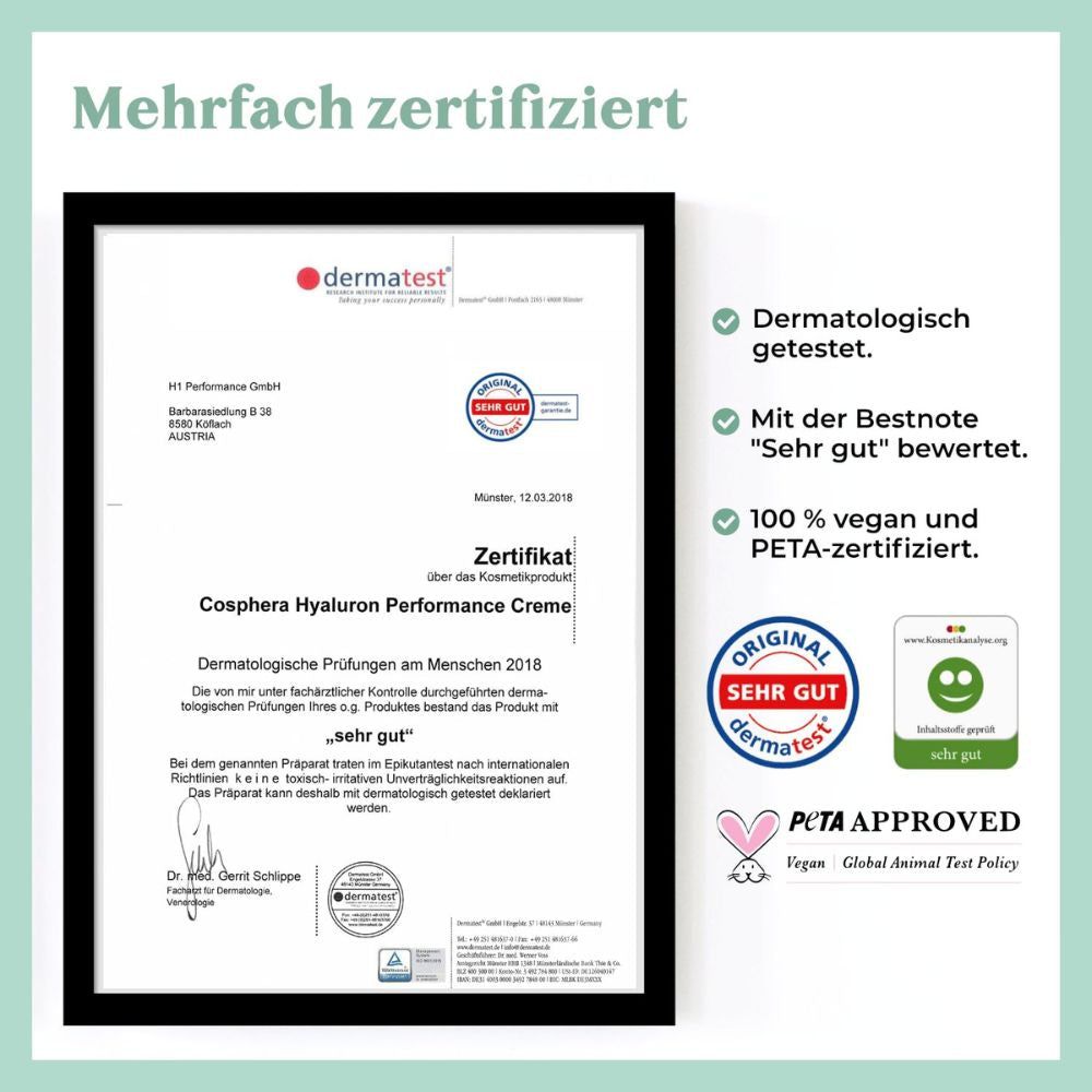 Zertifikat für Cosphera Hyaluron Performance Creme. Text: Dermatologisch getestet, mit Bestnote 'Sehr gut' bewertet, 100% vegan und PETA-zertifiziert.