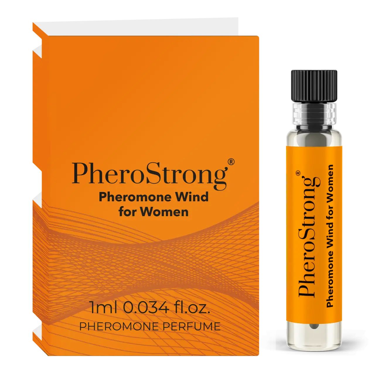PheroStrong Pheromon Wind for Women Parfümprobe, 1ml. Orangefarbene Verpackung und kleine Glasflasche mit schwarzem Deckel.
