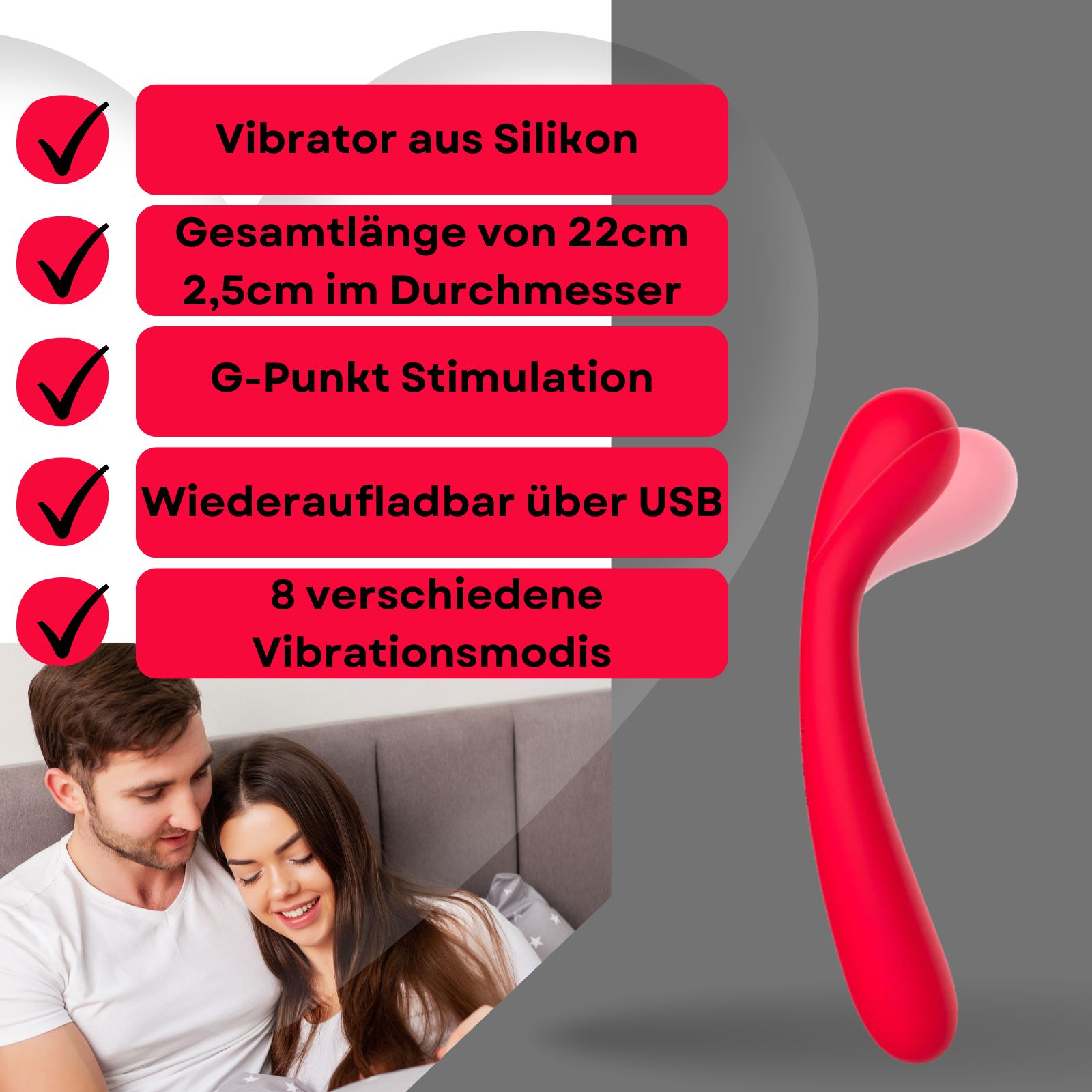 Roter Vibrator. Silikon. 22 cm lang, 2,5 cm Durchmesser. G-Punkt-Stimulation. USB-aufladbar. 8 Modi.