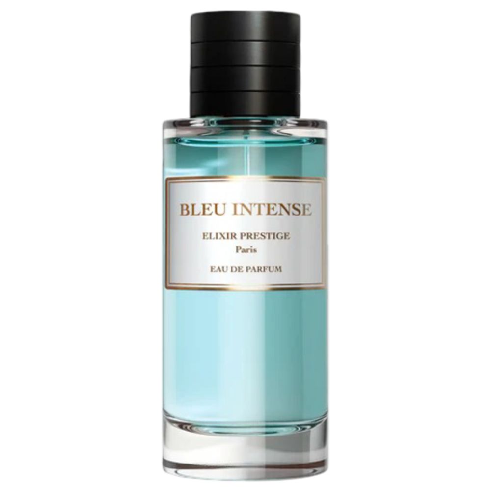 Blauer Duftflakon mit schwarzem Deckel. Weißes Etikett mit Goldrand. Text: Bleu Intense, Elixir Prestige, Eau de Parfum.