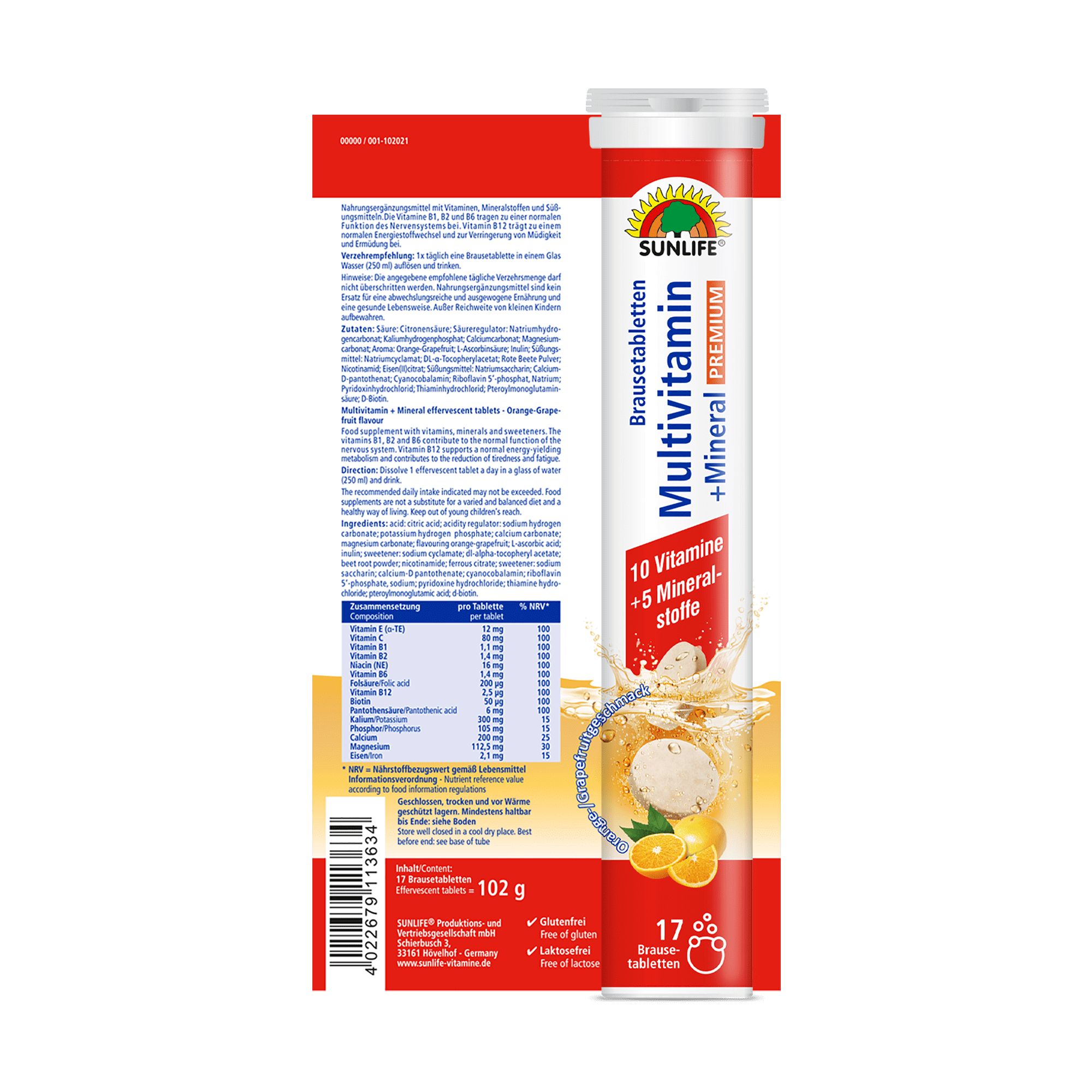 Rückseite der Verpackung mit Informationen zu SUNLIFE Brausetabletten. Enthält 17 Tabletten. Angaben zu Inhaltsstoffen und Nährwerten.